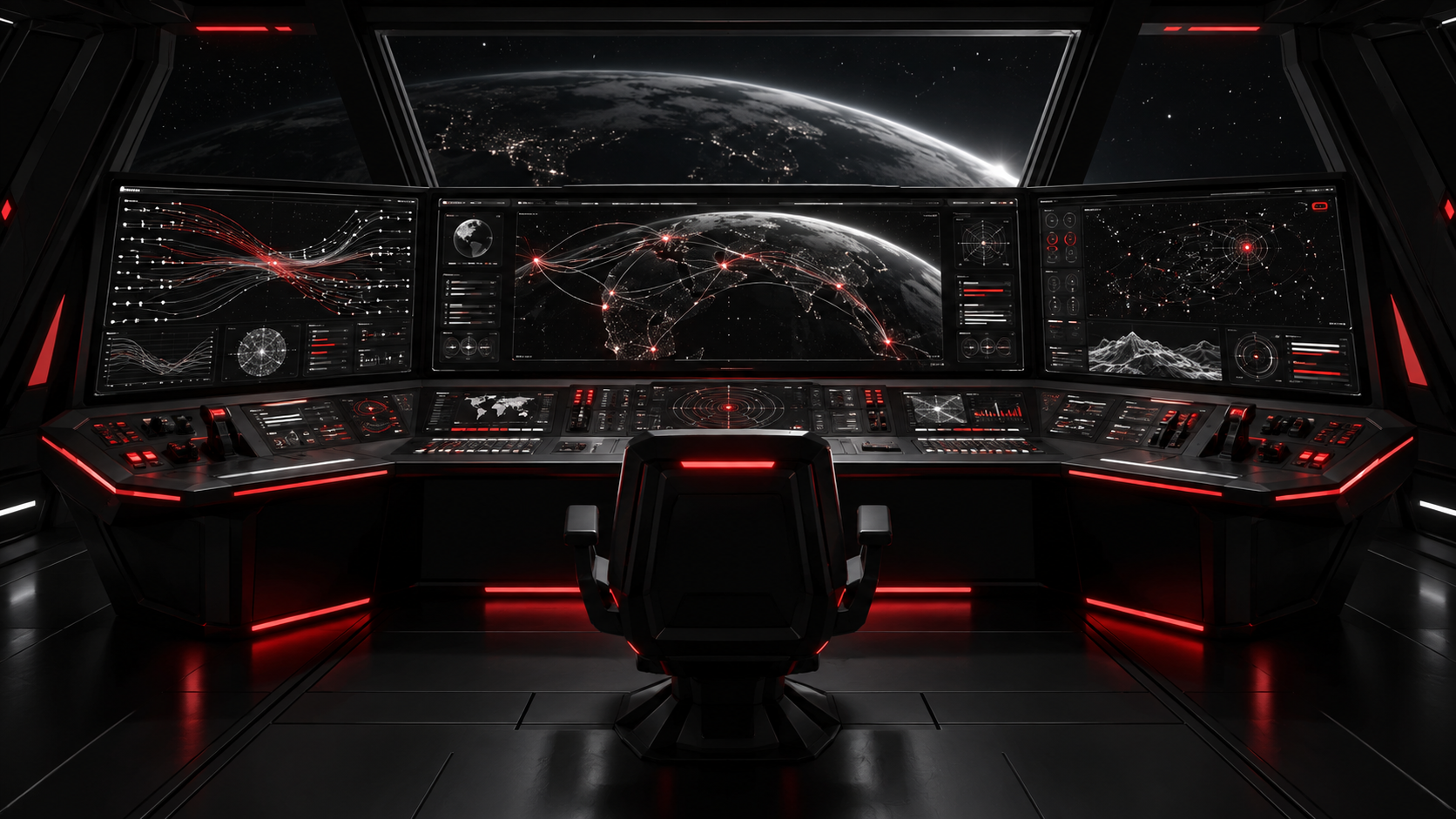 Mesa de controle espacial com painéis de monitoramento de rede